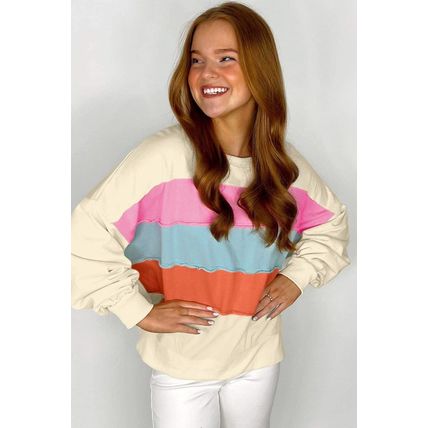 White Colorblock Patchwork Crewneck Drop Shoulder Sweatshirt