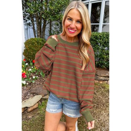 Brown Stripe Trimmed Round Neck Drop Shoulder Loose Sweater