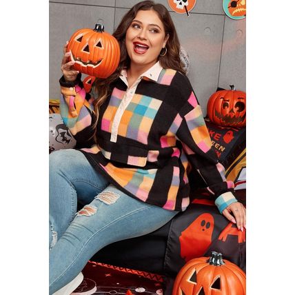 Black Plus Size Checkered Print Sherpa Henley Sweatshirt