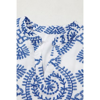 Blue Boho Floral Embroidered Notch V Neck Shift Mini Dress