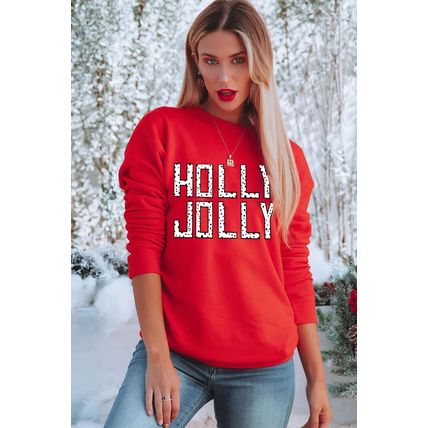 Red HOLLY JOLLY Dotty Letter Graphic Christmas Sweatshirt