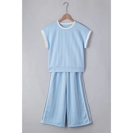 Beau Blue Textured Colorblock Edge Tank Top High Waist Pants Set