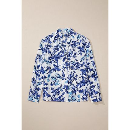 Sky Blue Floral Print Notched Neck Elegant Blouse