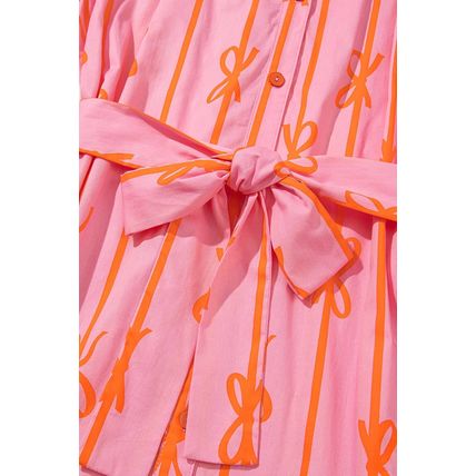 Pink Bowknot Striped Printed Bubble Sleeve Buttoned Belted Mini Dress