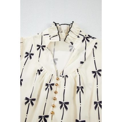Beige Cute Bowknot Printed Bubble Sleeve V Neck Mini Dress