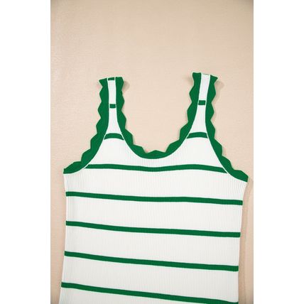 Bright Green Striped Scalloped Edge U Neck Sleeveless Sweater Vest