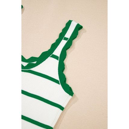 Bright Green Striped Scalloped Edge U Neck Sleeveless Sweater Vest