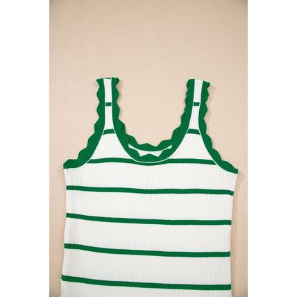 Bright Green Striped Scalloped Edge U Neck Sleeveless Sweater Vest