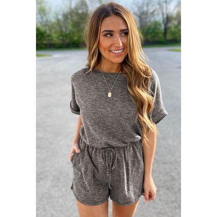 Gray Ribbed Elastic Waist Romper