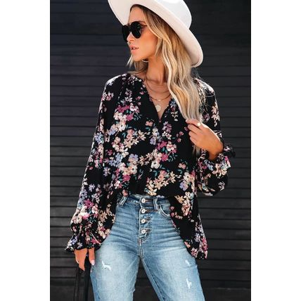 Black Wildflower Print Chiffon Blouse