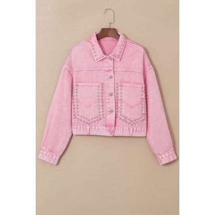 Pink Rivet Studded Pocketed Denim Jacket