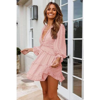 Pink Layered Ruffled Open Back Puff Sleeve Swiss Dot Mini Dress
