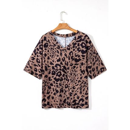 Brown Leopard Print V Neck Half Sleeve Oversized Tee