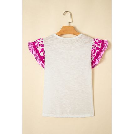 Rose Ricrac Trim Printed Flutter Sleeve Contrast Patchwork Blouse