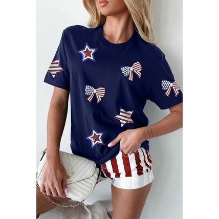 Blue Sequin USA Flag Bow Star Graphic Crewneck T Shirt