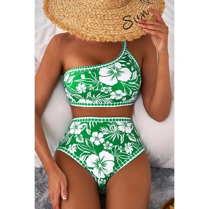 Green Floral Print One Shoulder High Waist Bikini Set