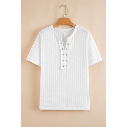 White Textured Hollow Grommet Placket Split Neck Short Sleeve Top
