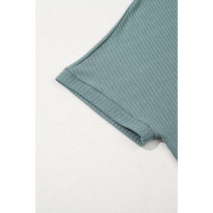 Moonlight Jade Oversized Ribbed Knit V Neck Dolman Short Sleeve Top
