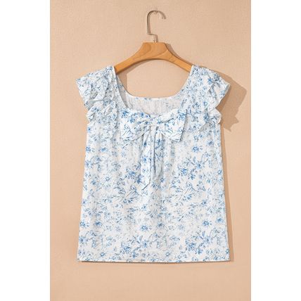 Sky Blue Floral Ruffled Short Sleeve Bow Back Square Neck Blouse