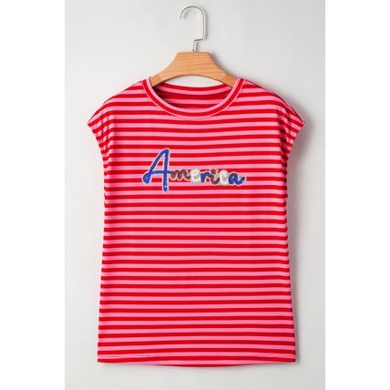 Red Stripe Sequin America Letter Patched Cap Sleeve Top