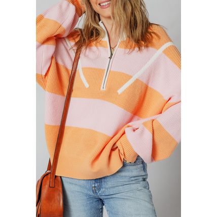 Orange Stripe Colorblock Half Zip Oversize Sweater