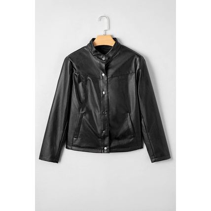 Black Faux Leather Buttoned Front Boxy Jacket