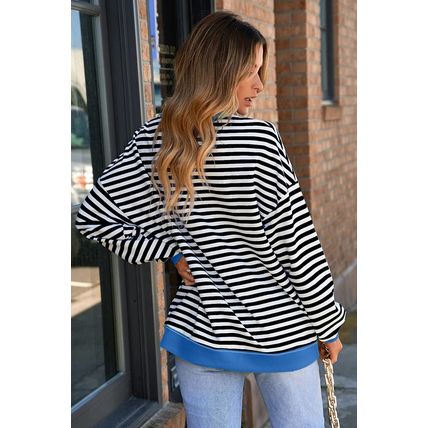 White Stripe Striped Contrast Ribbed Trim Crossed Stitch Drop Shoulder Sweatshir