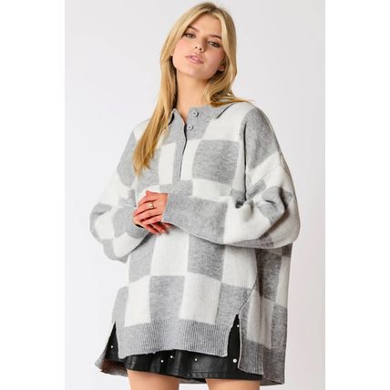 Gray Plus Size Checkered Pattern Button Polo Collar Split Sweater
