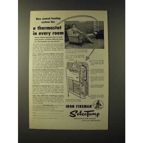 1955 Iron Fireman SelecTemp Ad - heating system has a thermostat in Every Room