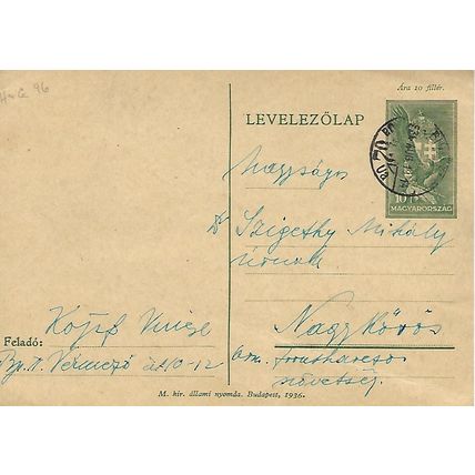 Mi P 102: Postcard: 10 f. deep green Definitive: Turul and Arms, imp. 1936