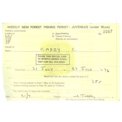 WEEKLY NEW FOREST FISHING PERMIT- JUVENILES. July 1976 C. Cadby