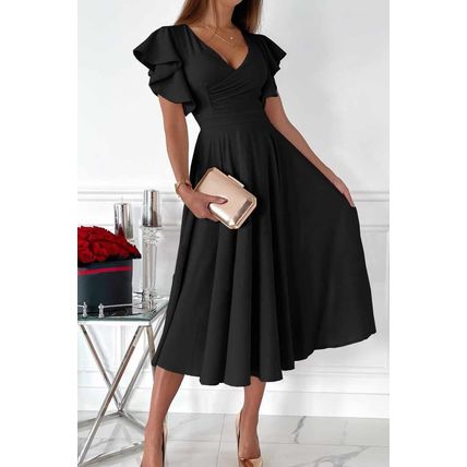 Black Ruffled Sleeve Wrap V Neck Midi Dress