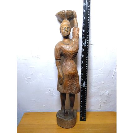 African Sculpture Tribal Woman Water Pot on Head Wood Carving - Abstract Art 19"