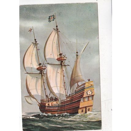 Mayflower II Artist Unknown Postcard posted 1957 creased 2d Tax to pay