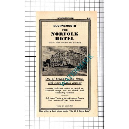 Highcliff Hotel Bournemouth / Norfolk Hotel Advert - 1958 Cutting / Print