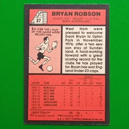 TOPPS FOOTBALL RED BACK 1977 #37 West Ham United Bryan Robson Pop