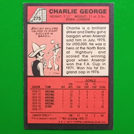 TOPPS FOOTBALL RED BACK 1977 #275 Derby County Charlie George