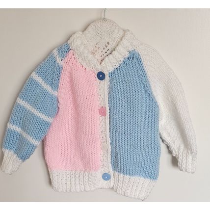Hand Knitted Pink, Blue & White Chunky Wool Cardigan to fit 18-24 months