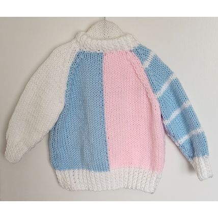 Hand Knitted Pink, Blue & White Chunky Wool Cardigan to fit 18-24 months