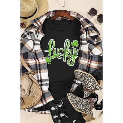 Black St. Patricks Lucky Clover Print O Neck T Shirt