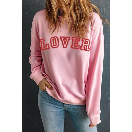 Pink LOVER Puff Print Drop Shoulder Pullover Sweatshirt