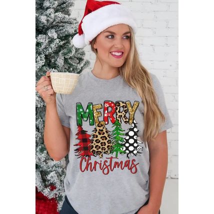 Gray Merry Christmas Tree Pattern Print Crew Neck Graphic Tee
