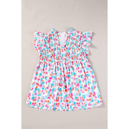 Sky Blue Shirred Yoke Ruffled Abstract Printed Blouse