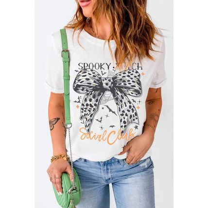 White SPOOKY WITCH Leopard Bowknot Bat Graphic Halloween T Shirt