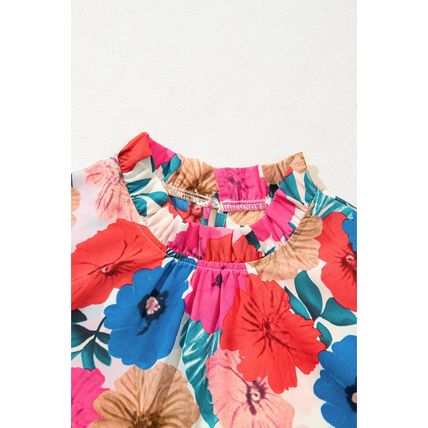 Sky Blue Floral Mock Neck Striped Flutter Sleeve Blouse