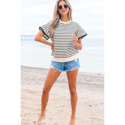 Black Stripe Scallop Lace Trim Ruffle Short Sleeves Crewneck Top
