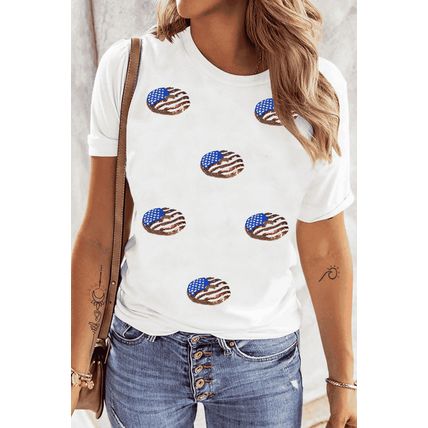 White Sequined Flag Pattern Donuts Graphic T Shirt