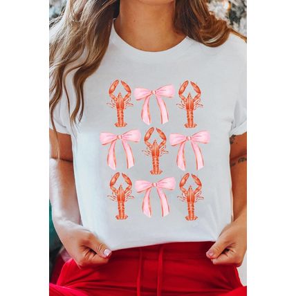 White Crawfish Bow Printed Summer T Shirt
