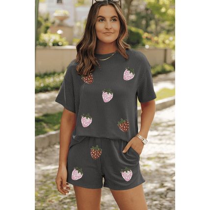 Carbon Grey Sequin Strawberry Patched Twist Ribbed Short 2pcs Outfit