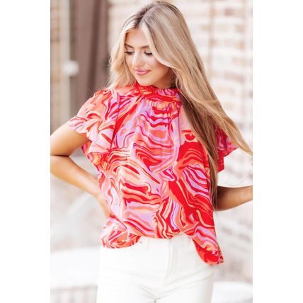 Red Abstract Print Ruffled Short Sleeve Mock Neck Blouse